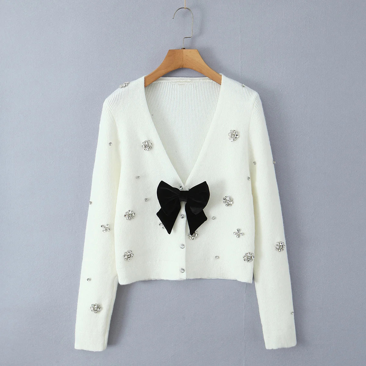 Cardigans - Cropped Cardigan with Bow and Diamond Accents