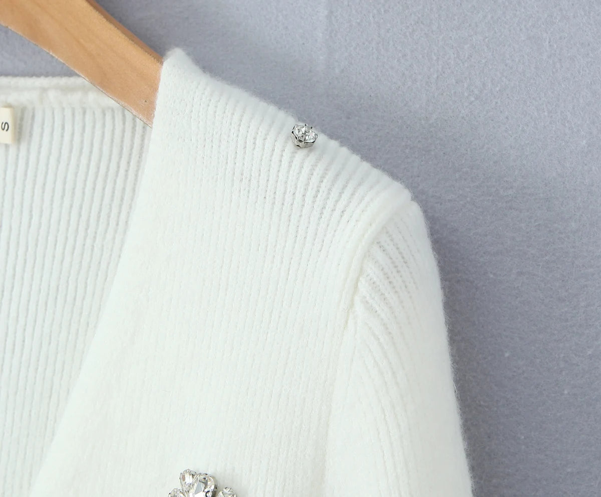 Cardigans - Cropped Cardigan with Bow and Diamond Accents