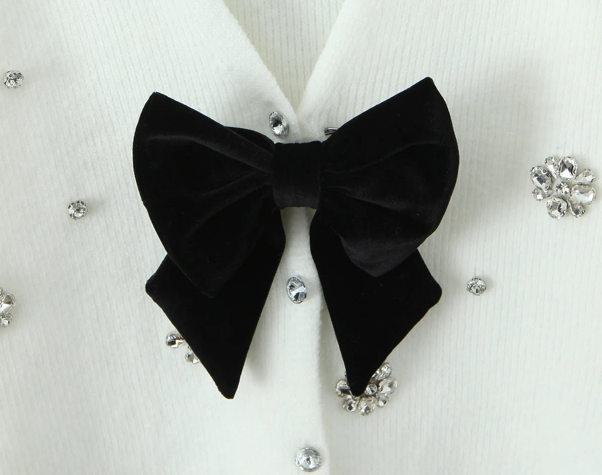 Cardigans - Cropped Cardigan with Bow and Diamond Accents