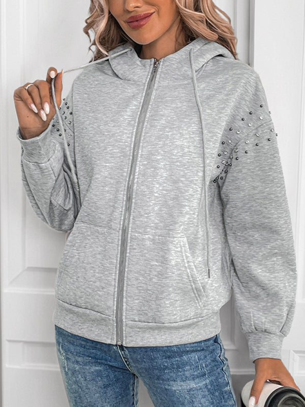 Cardigans - Heather-Gray Studded Hooded Jacket for Casual Days
