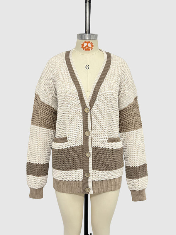 Cardigans- Long Striped Knit Cardigan Color-Block Layer for Women- - Pekosa Women Fashion