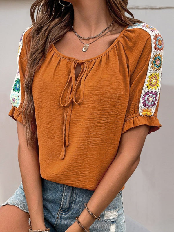 Casual Blouses - Casual Boho Blouse with Colorful Embroidery