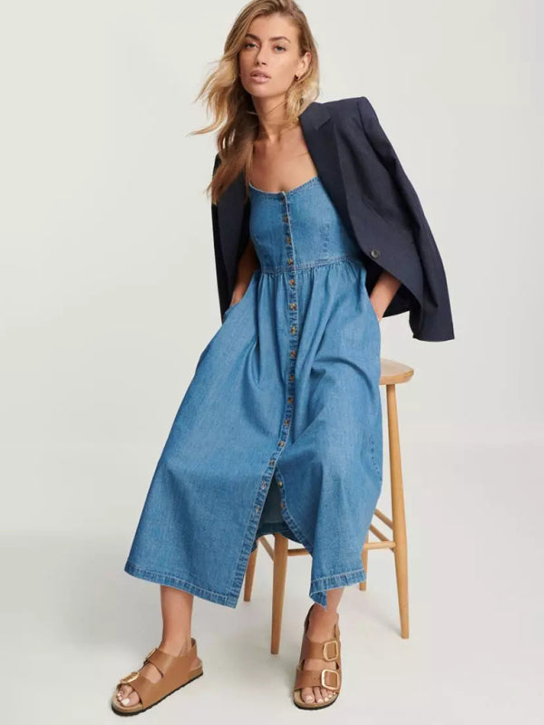Casual Dresses - Button-Front Denim Midi Dress for Everyday Wear