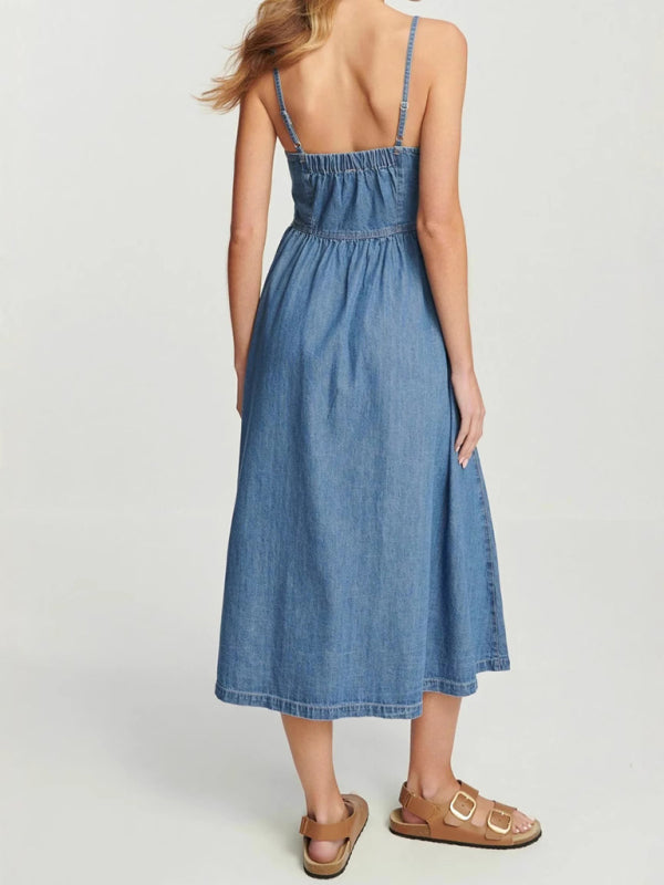 Casual Dresses - Button-Front Denim Midi Dress for Everyday Wear