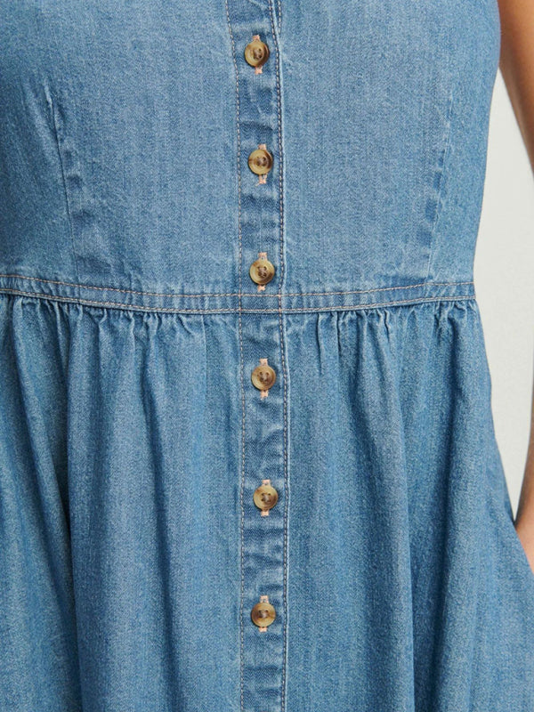 Casual Dresses - Button-Front Denim Midi Dress for Everyday Wear