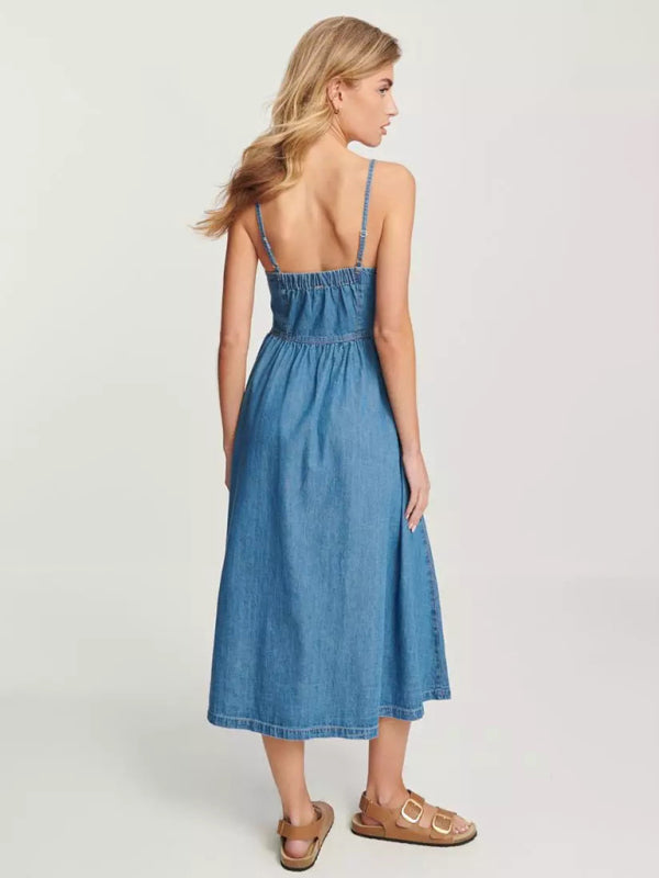 Casual Dresses - Button-Front Denim Midi Dress for Everyday Wear
