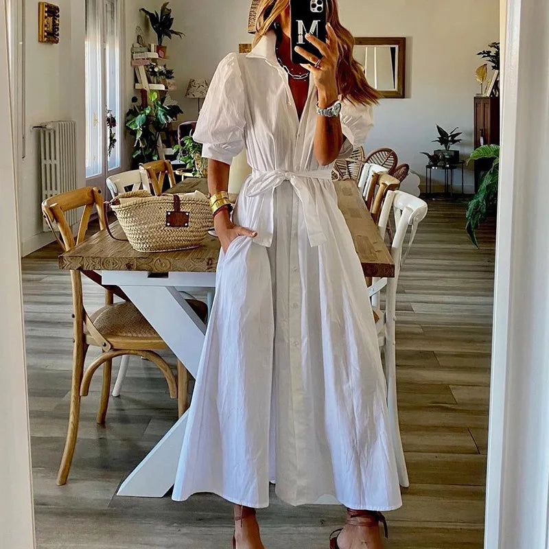 Casual Dresses - Casual Vacation Midi Dress with Belted Waist