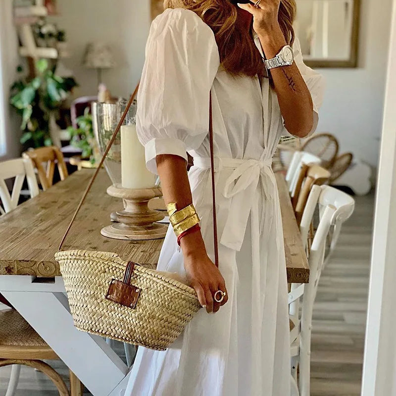 Casual Dresses - Casual Vacation Midi Dress with Belted Waist