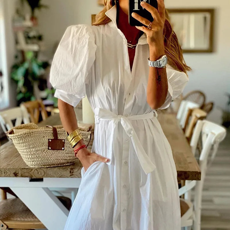 Casual Dresses - Casual Vacation Midi Dress with Belted Waist