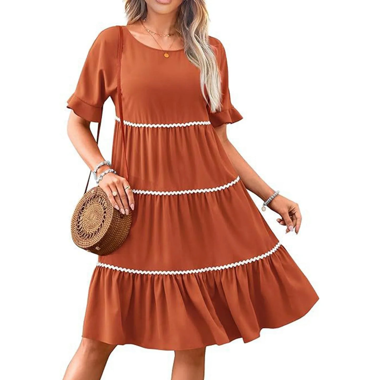 Casual Dresses- Tiered Dress with Piping Detail for Casual Outings- - Pekosa Women Fashion