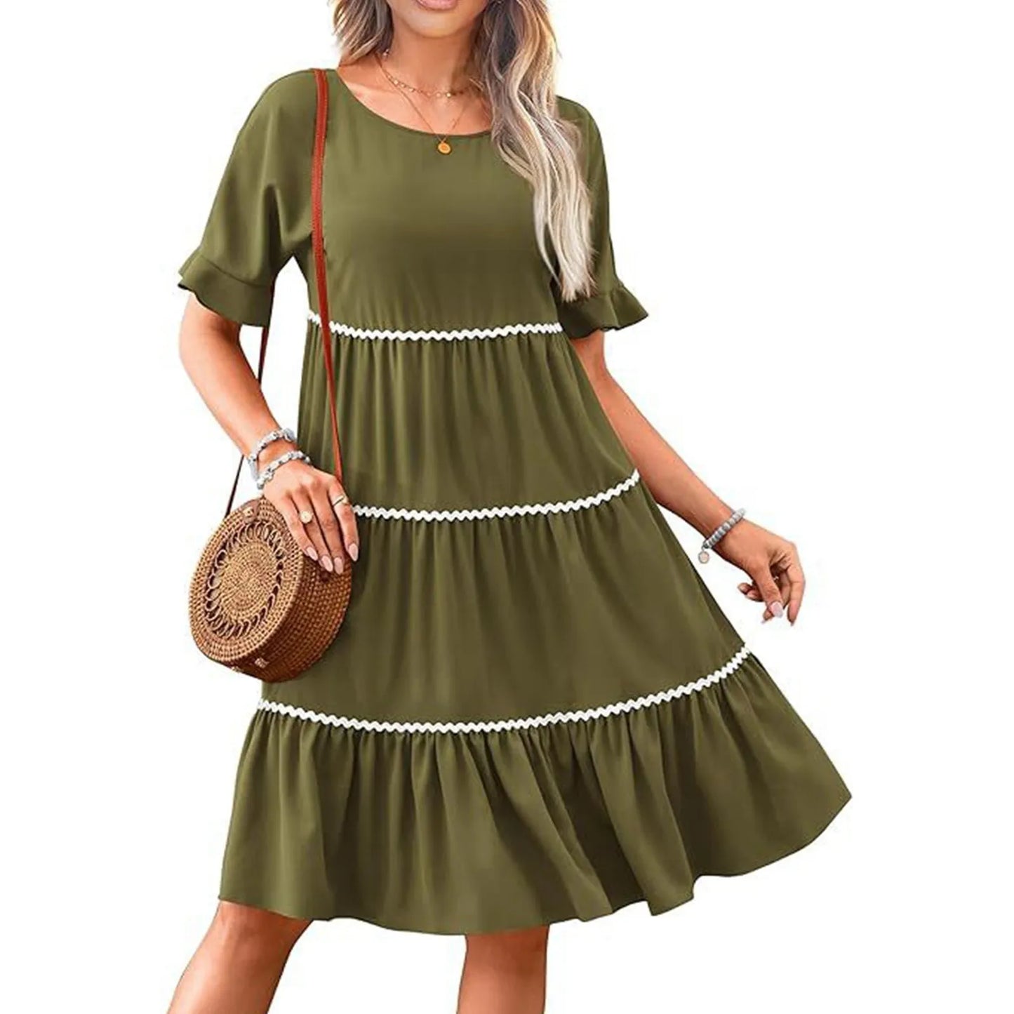 Casual Dresses- Tiered Dress with Piping Detail for Casual Outings- - Pekosa Women Fashion