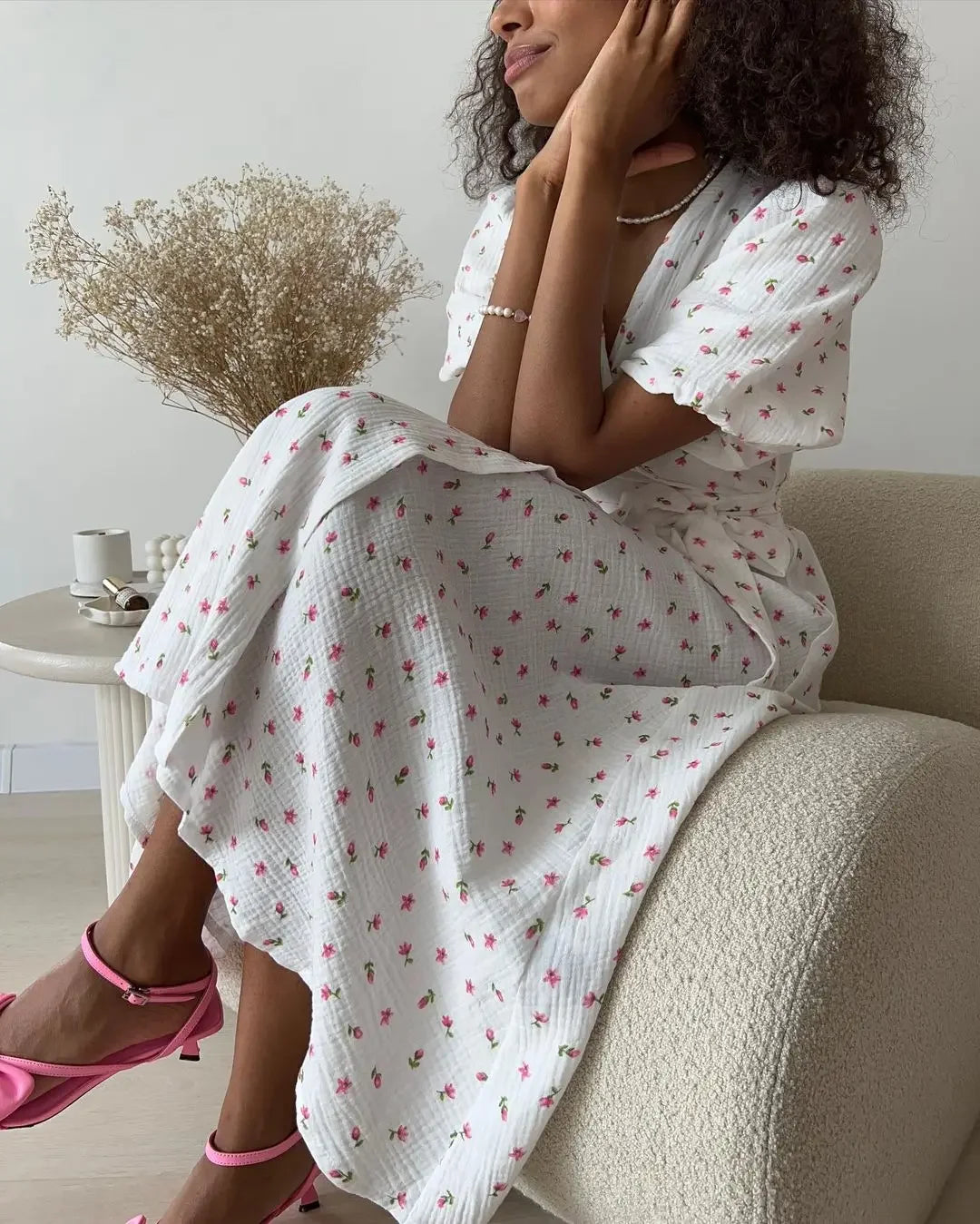 Casual Dresses - Floral Wrap Midi Dress for Casual and Family Gatherings