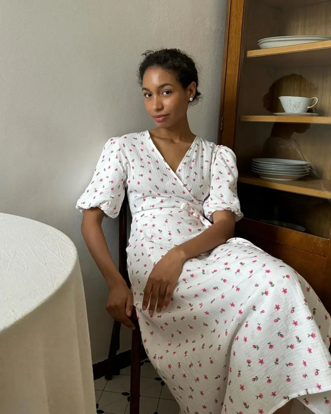 Casual Dresses - Floral Wrap Midi Dress for Casual and Family Gatherings