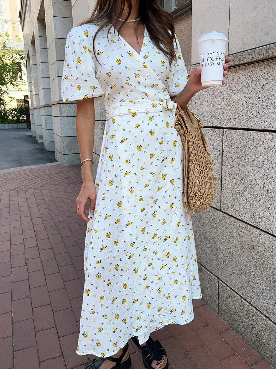 Casual Dresses - Floral Wrap Midi Dress for Casual and Family Gatherings
