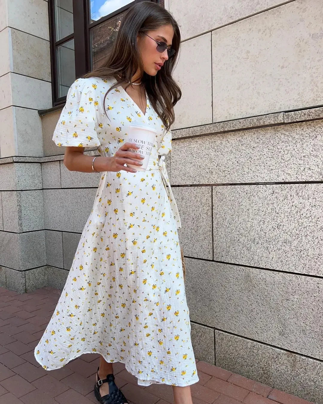 Casual Dresses - Floral Wrap Midi Dress for Casual and Family Gatherings