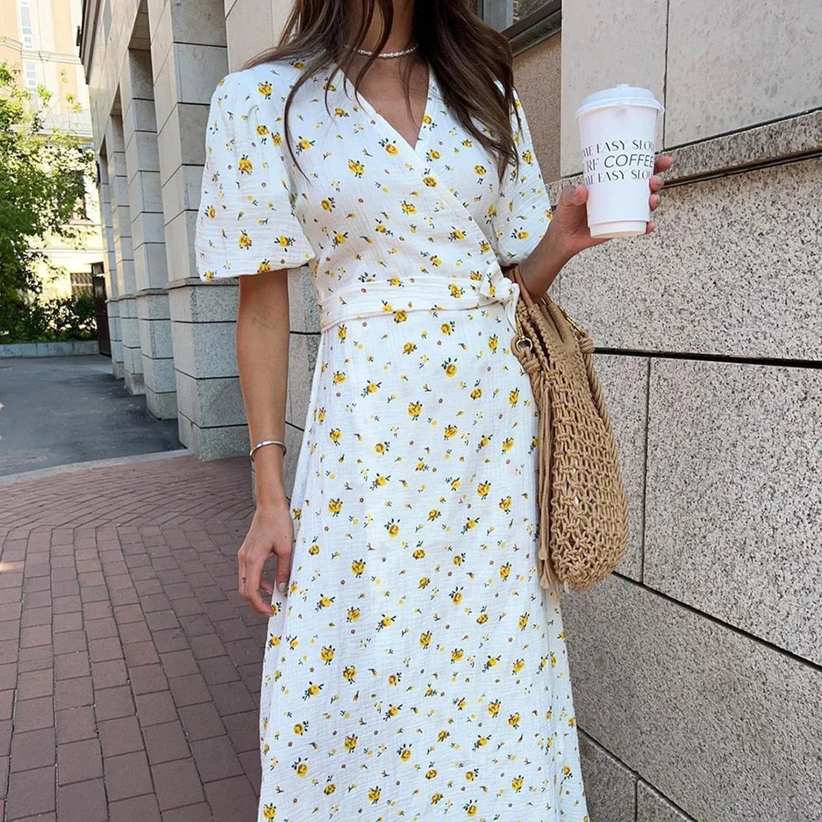Casual Dresses - Floral Wrap Midi Dress for Casual and Family Gatherings