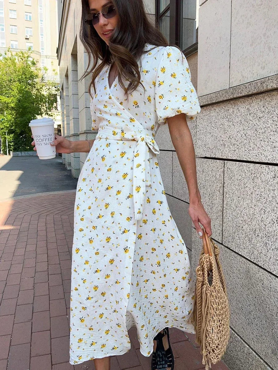 Casual Dresses - Floral Wrap Midi Dress for Casual and Family Gatherings