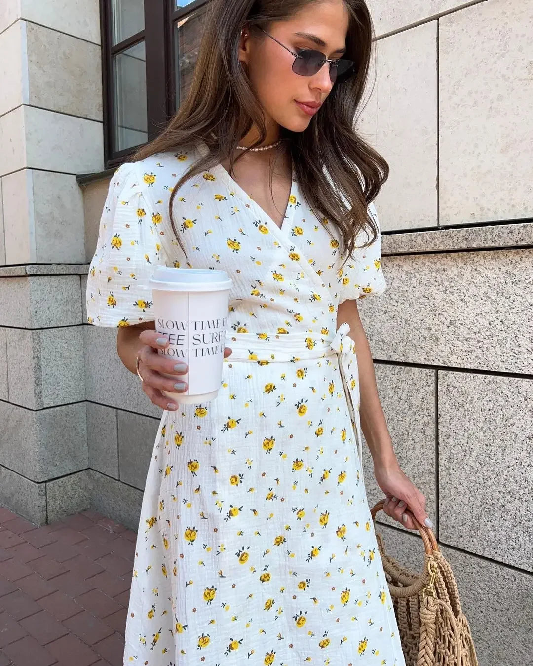 Casual Dresses - Floral Wrap Midi Dress for Casual and Family Gatherings