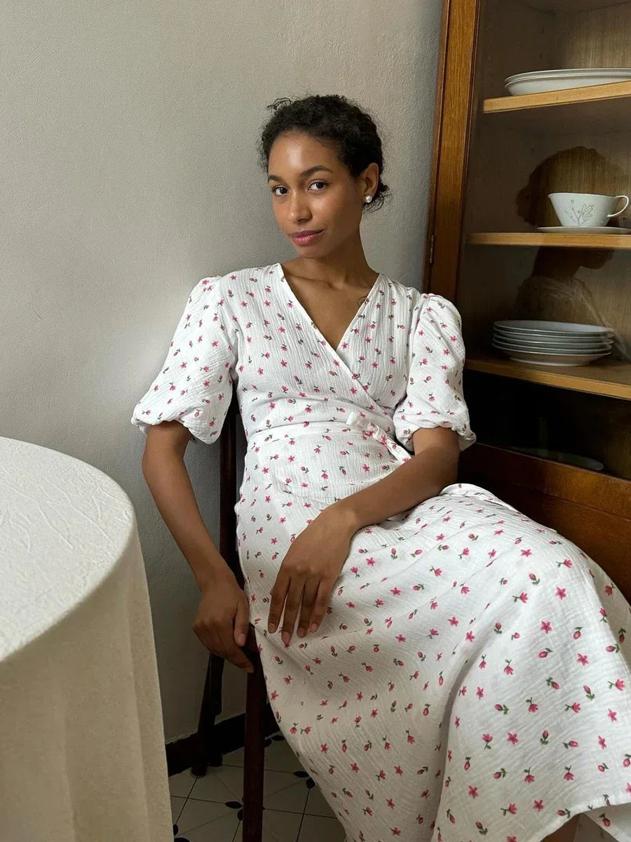 Casual Dresses - Floral Wrap Midi Dress for Casual and Family Gatherings
