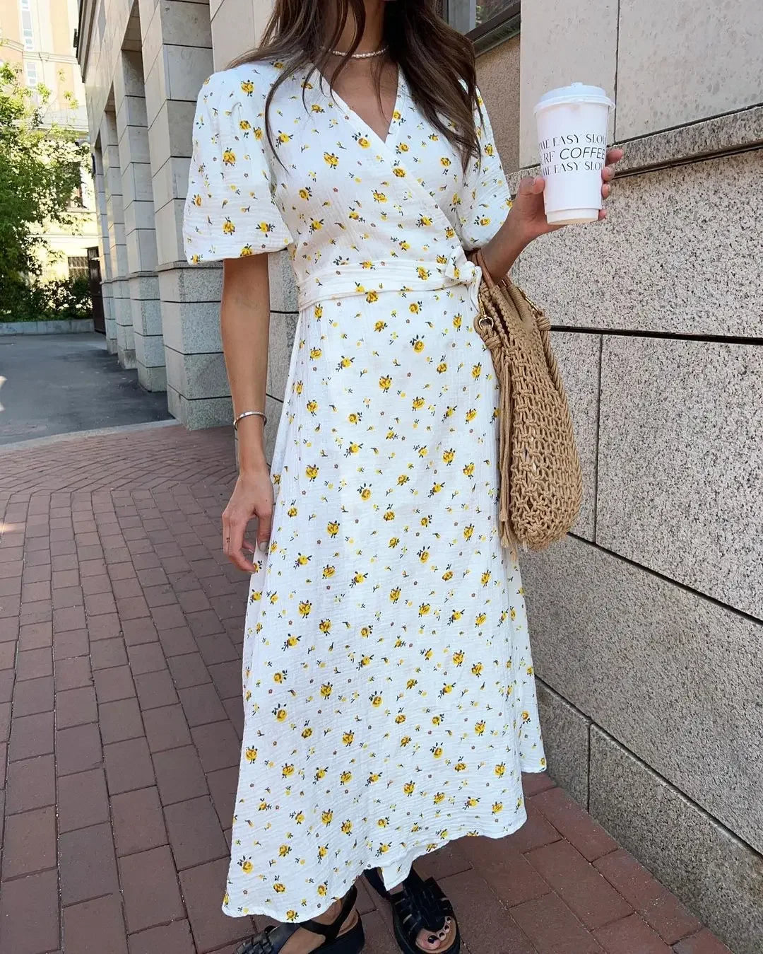 Casual Dresses - Floral Wrap Midi Dress for Casual and Family Gatherings