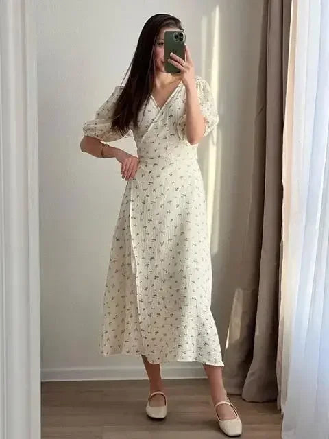 Casual Dresses - Floral Wrap Midi Dress for Casual and Family Gatherings
