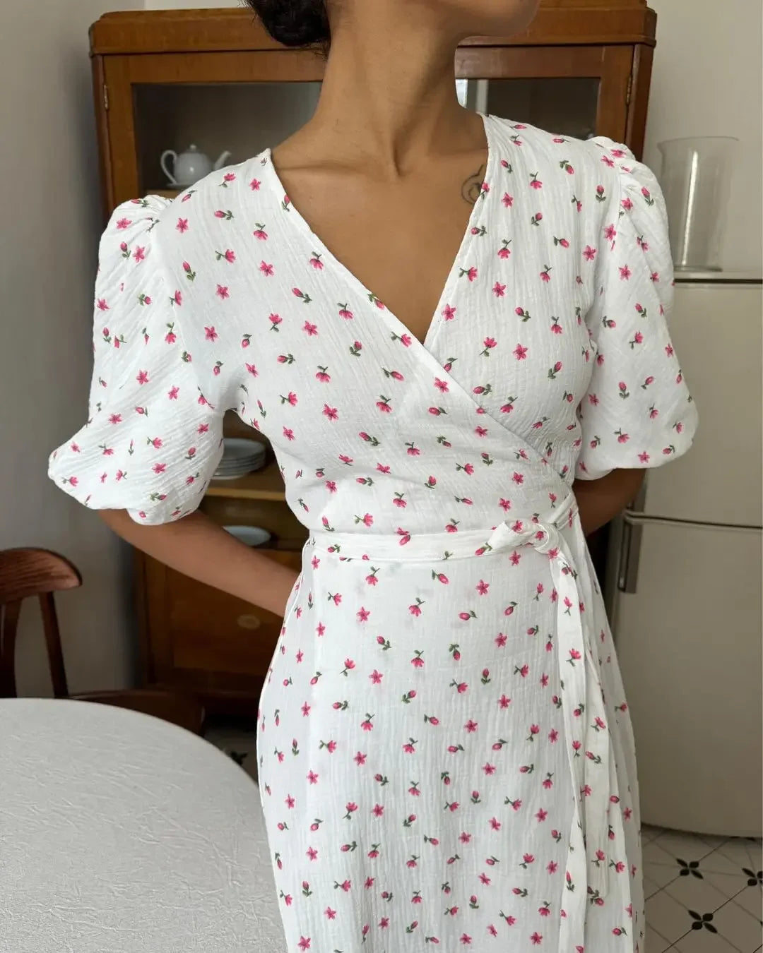 Casual Dresses - Floral Wrap Midi Dress for Casual and Family Gatherings