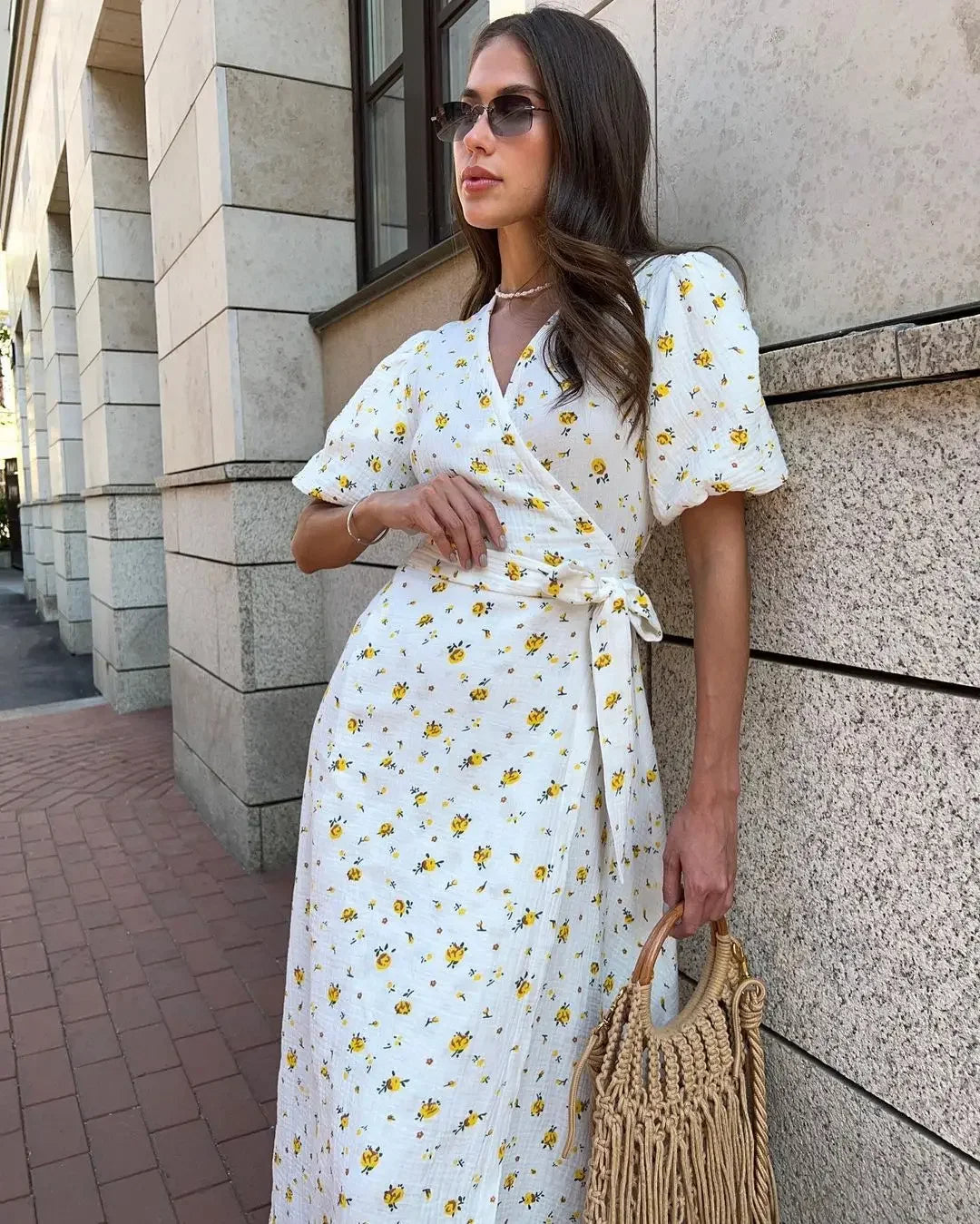Casual Dresses - Floral Wrap Midi Dress for Casual and Family Gatherings