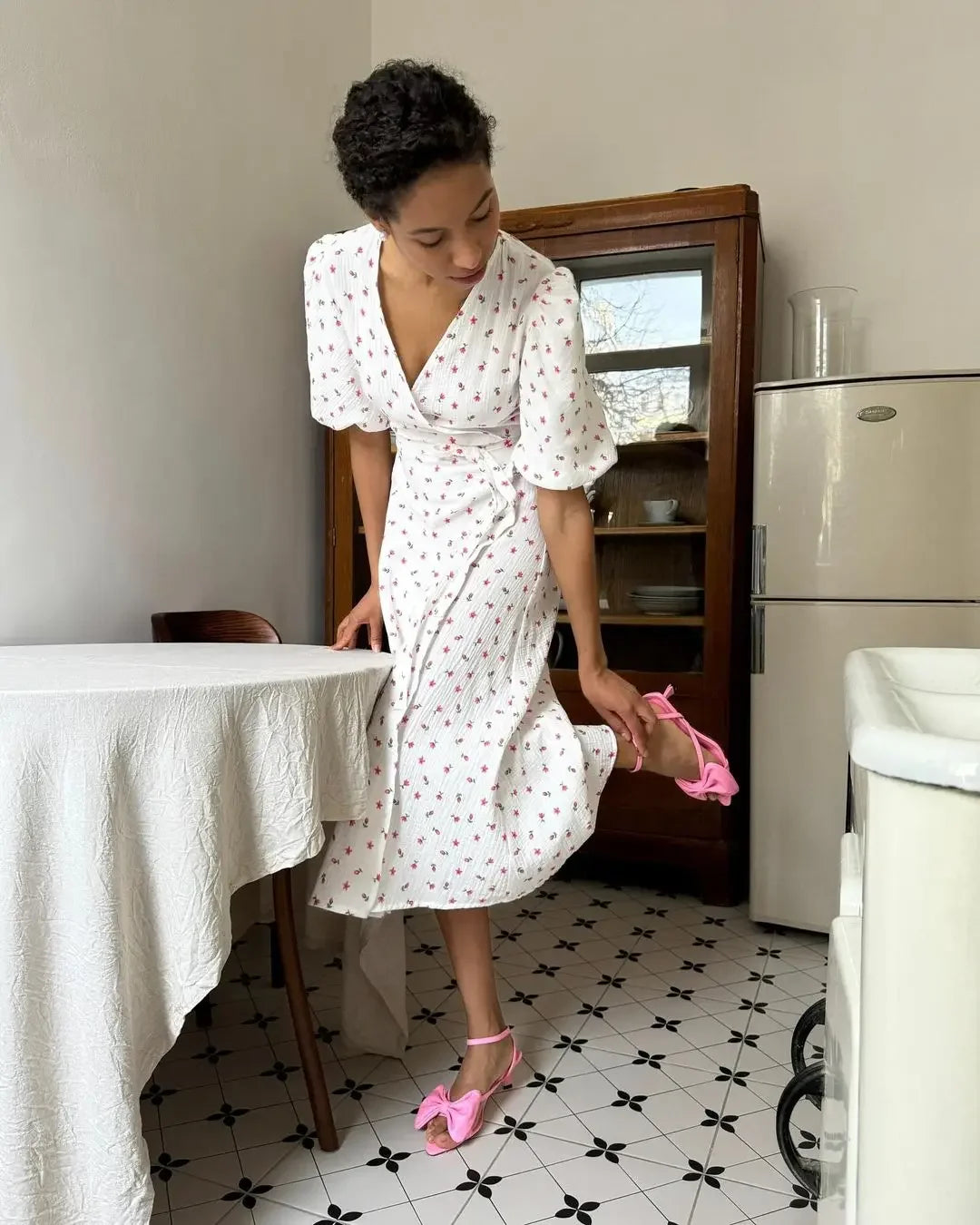 Casual Dresses - Floral Wrap Midi Dress for Casual and Family Gatherings