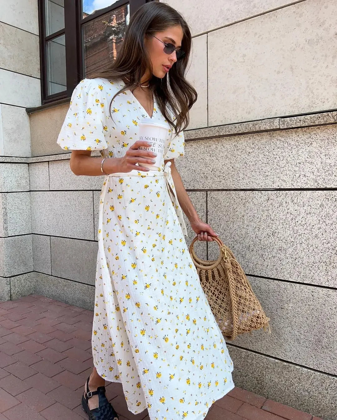Casual Dresses - Floral Wrap Midi Dress for Casual and Family Gatherings