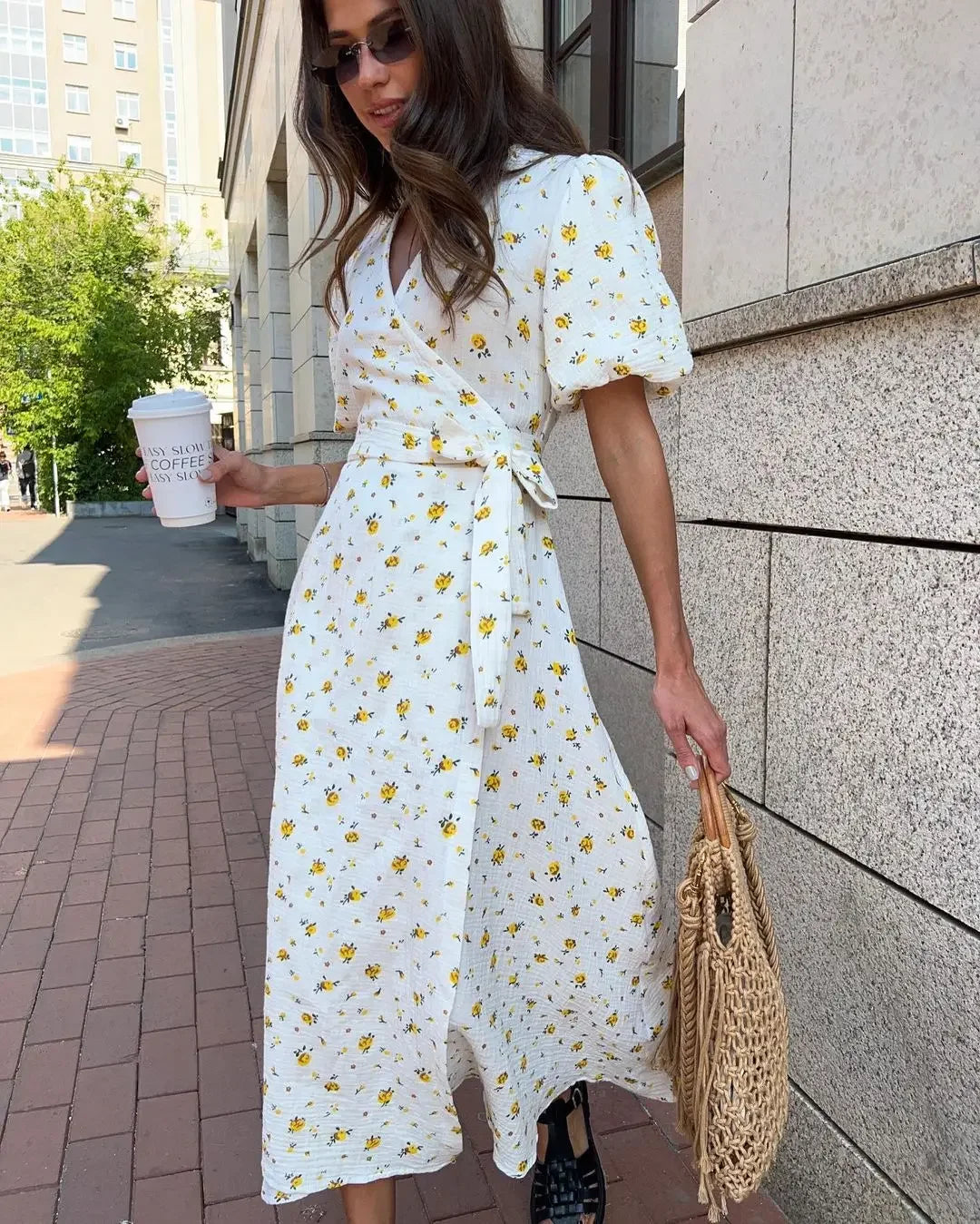 Casual Dresses - Floral Wrap Midi Dress for Casual and Family Gatherings