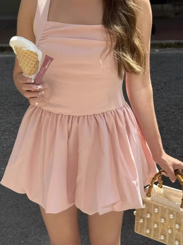 Casual Dresses - Pink Square Neck Fit-and-Flare Mini Dress