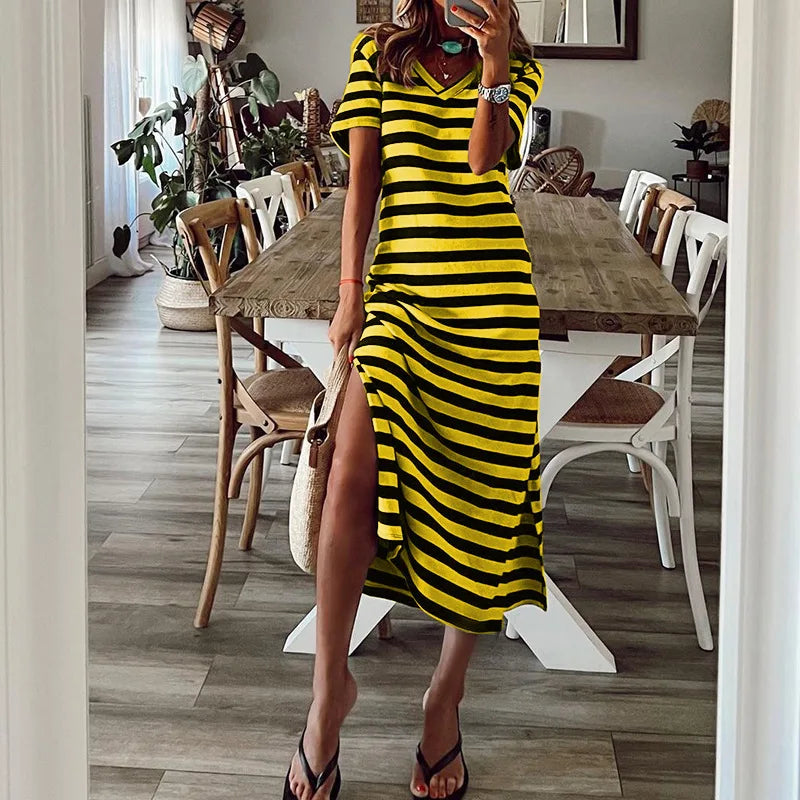Casual Dresses- Tee Midi Dress with Side Slits for Outings- Yellow- Pekosa Women Fashion