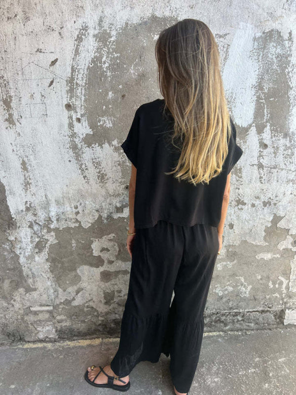 Casual Set - Women's Casual Palazzo Pants and Blouse Set