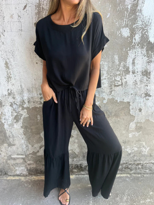 Casual Set - Women's Casual Palazzo Pants and Blouse Set