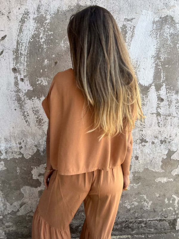 Casual Set - Women's Casual Palazzo Pants and Blouse Set