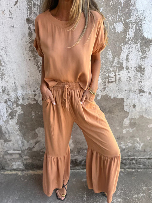 Casual Set - Women's Casual Palazzo Pants and Blouse Set