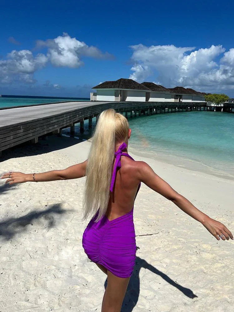 Clubbing Dresses- Halter Neck Dress with a Plunging Neckline- - Pekosa Women Fashion