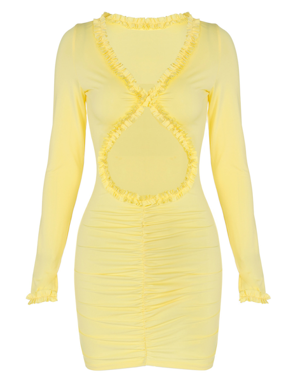 Clubbing Dresses - Vibrant Yellow Ruffled Cut-Out Mini Dress