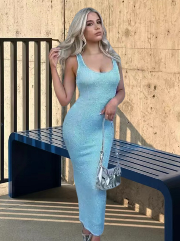 Clubbing Dresses- Women's Sleeveless Sparkle Knit Bodycon Long Dress- Acid blue- Pekosa Women Fashion