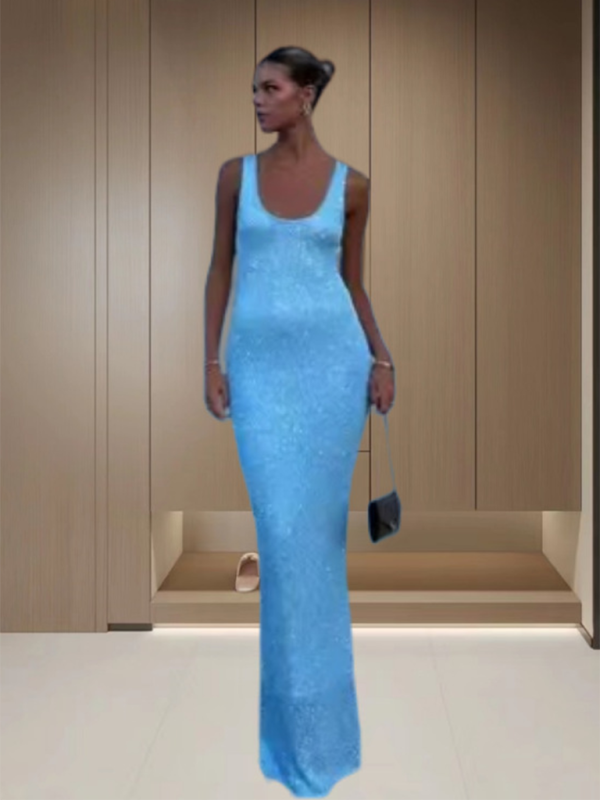 Clubbing Dresses- Women's Sleeveless Sparkle Knit Bodycon Long Dress- - Pekosa Women Fashion