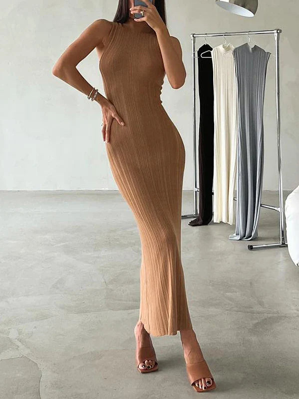 Cocktail Dresses- Elegant Form-Fitting Dress for Versatile Occasions- Khaki- Pekosa Women Fashion