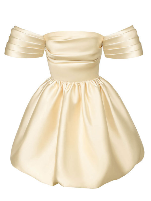 Cocktail Dresses- Elegant Satin Party Dress with Puff Sleeves- - Pekosa Women Fashion