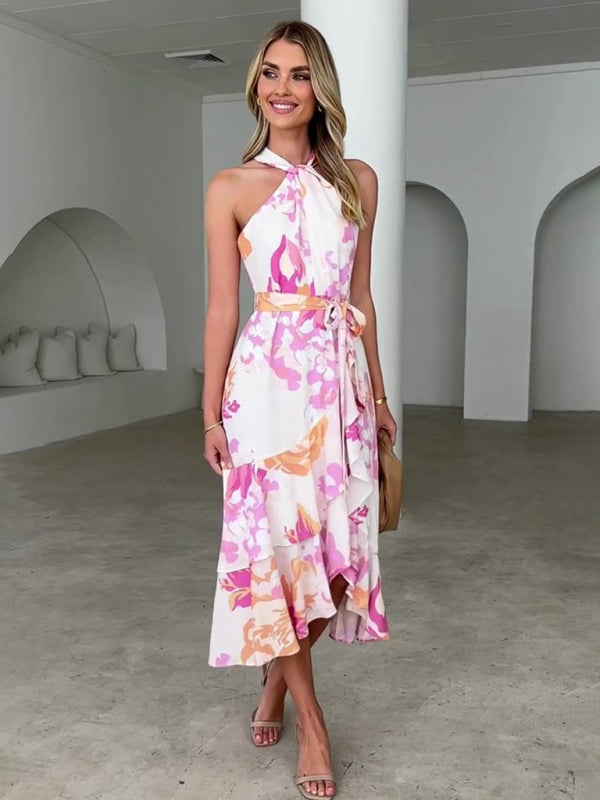 Cocktail Dresses - Floral Print Halter Midi Dress for Summer Cocktails