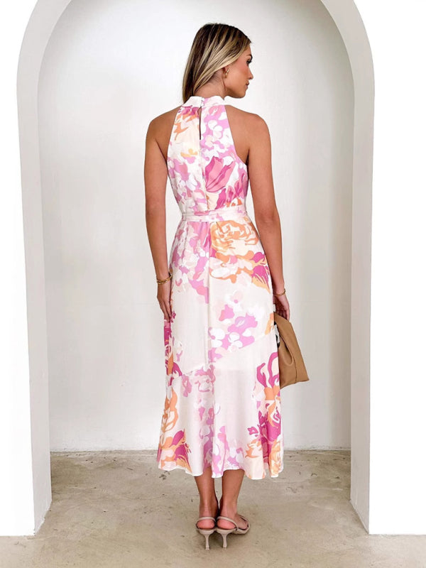 Cocktail Dresses - Floral Print Halter Midi Dress for Summer Cocktails