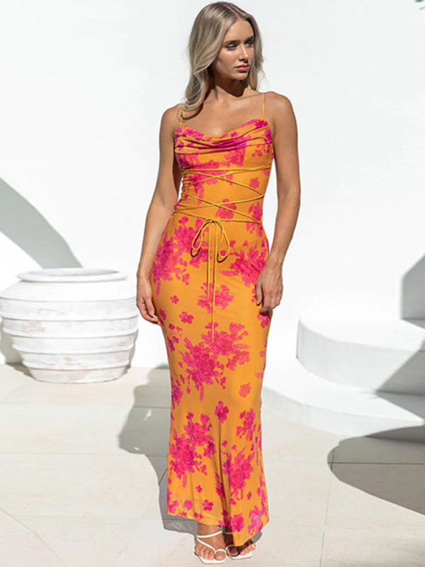 Cocktail Dresses- Floral Women's Cowl Neck Mermaid Dress for Cocktail Parties- Orange- Chuzko Women Clothing