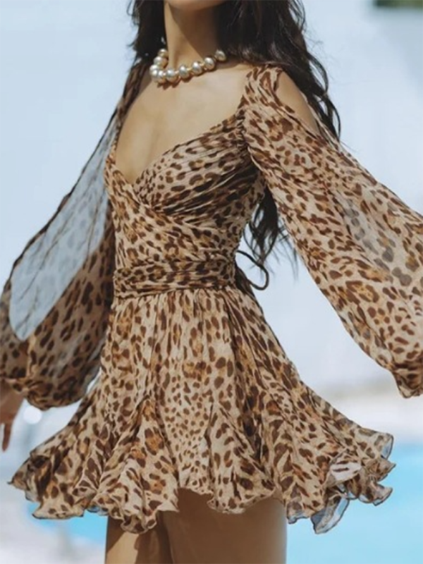 Cocktail Dresses- Mini Dress with Dramatic Sleeves for Wedding Guests & Parties- Leopard- Pekosa Women Fashion