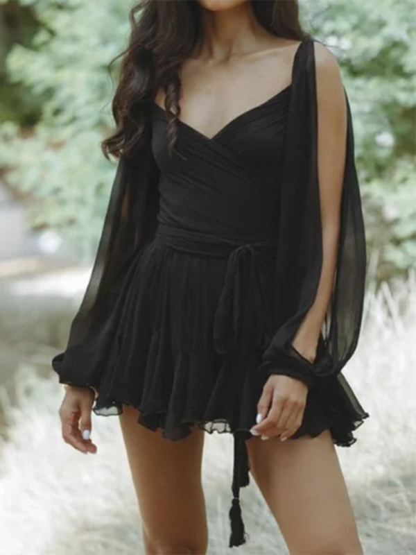 Cocktail Dresses- Mini Dress with Dramatic Sleeves for Wedding Guests & Parties- Black- Pekosa Women Fashion