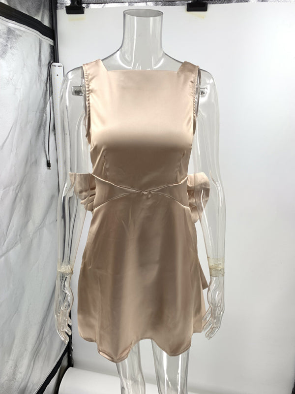 Cocktail Dresses - Square Neck Satin Cocktail Dress with Open Back