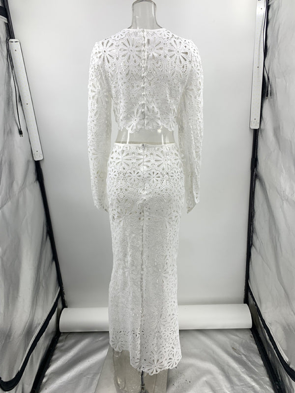 Cover Ups - Elegant Beach Party Lace Floral Crop Top & Skirt