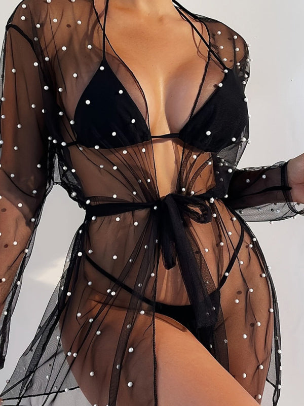 Cover Ups- Women's See-Through Polka Dot Mesh Belted Top Cover-Up- - Pekosa Women Fashion